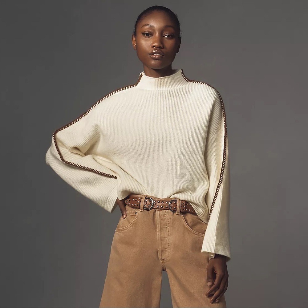 NWT! By Anthropologie Mock-Neck Whipstitch Sweater in Cream - XL ☂️